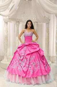 Hot Pink One Shoulder Embroidery Decorated Quinceanera Dress for Cheap