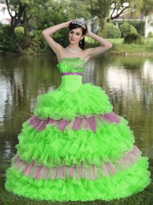 Beaded Organza Multicolor Strapless Quinceanera Dress with Sequins on Sale