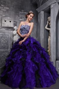 Dark Purple Sweetheart Organza Quinceanera Dress with Ruffles and Beading