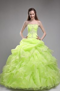 New Yellow Green Strapless Organza Beaded Quinceanera Dress with Ruffles