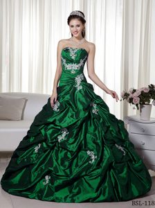 Dark Green A-line Strapless Taffeta Quinceanera Gown Dress with Appliques