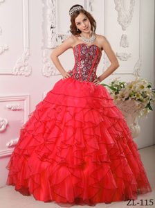 Custom Made Red Sweetheart Organza Quinceanera Gown with Beading