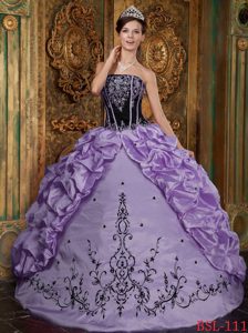 Lavender Strapless Embroidery Taffeta Dress for Quinceanera with Pick-ups