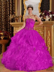 Strapless Organza Quinceanera Gown Dresses with Appliques in Fuchsia