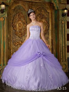 Lilac Strapless Tulle Quinceanera Gowns with Appliques and Handle Flower