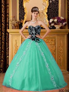 Turquoise Princess Sweetheart Tulle Beaded Quince Dress with Appliques