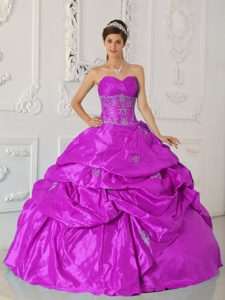 Fuchsia Taffeta Ruched Quinceaneras Dress with Appliques and Pick-ups