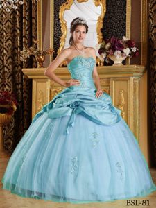 Baby Blue Strapless Tulle and Taffeta Beaded Quinceanera Gown Dresses