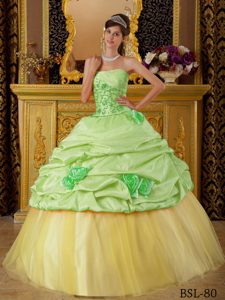 Nice Green and Yellow Strapless Beaded Quince Dress in Taffeta and Tulle