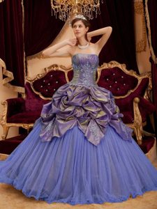 Strapless Taffeta and Tulle Beaded Quinces Dress in Purple with Appliques