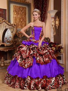 Purple Strapless Taffeta and Leopard Dresses for Quinceanera with Pick-ups