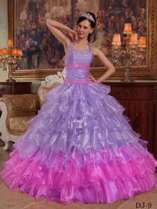 Wholesale Price Halter Organza Beaded Sweet Sixteen Dresses in Lavender