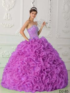 Lavender Strapless Organza Quinceaneras Dress with Beading and Ruffles