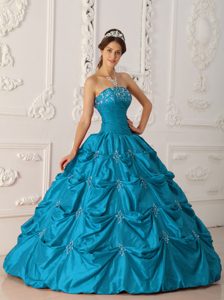 Best Teal Strapless Taffeta Quinceanera Gown with Appliques and Beading