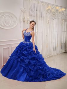Royal Blue Spaghetti Straps Court Train Organza Beaded Dress for Quince