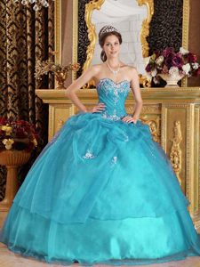 New Teal Sweetheart Organza Sweet 15 Dresses with Appliques and Lace-up