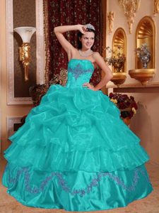 Turquoise Organza Beaded Quinceanera Dress with Appliques and Pick-ups