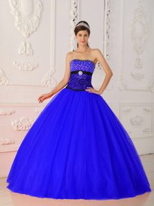 A-line Strapless Tulle and Zebra Dress for Quinceanera with Beading in Blue