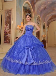 Customize Blue Strapless Dress for Quince with Bows in Sequins and Organza