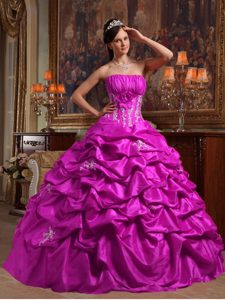 Strapless Taffeta Sweet Sixteen Dress with Appliques and Pick-ups in Fuchsia