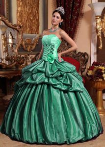 Hunter Green Strapless Taffeta Quinceanera Gown with Hand Made Flowers