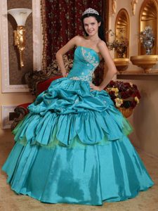 Teal Strapless Quinceanera Dresses with in Taffeta Appliques and Pick-ups