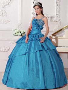 Teal Straps Taffeta Quinceanera Dress with Beading and Hand Made Flower