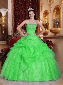 Spring Green Ball Gown Strapless Sweet Sixteen Dresses with Beads and Ruffles