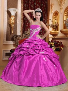 Fuchsia Strapless 2013 Sweet Sixteen Dress with Appliques and Pick-ups in Taffeta