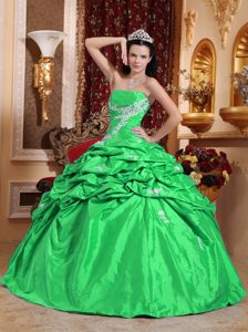 Clearance Spring Green Ruching Quince Dress with Pick-ups and White Appliques