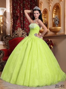 Strapless Yellow Green Dress for Quinceanera with Appliques and Ruches on Sale