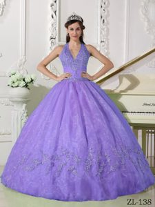 Clearance Lavender V-neck Sweet 16 Dresses with Embroidery and Lace Up Back