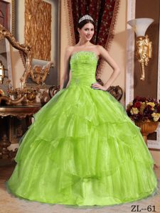 Yellow Green Ball Gown Strapless Sweet Sixteen Dress with Appliques and Ruches