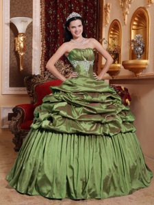 Ruched and Appliqued Taffeta Dress for Quinceanera with Pick-ups in Olive Green