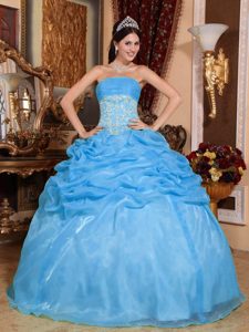 Strapless Appliqued Sweet Sixteen Quinceanera Dresses in Aqua Blue with Pick-ups