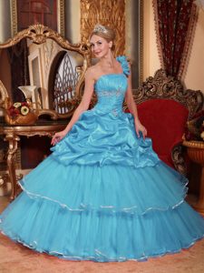 Aqua Blue One Shoulder Ruching Quinceanera Dresses with Layers and Pick-ups