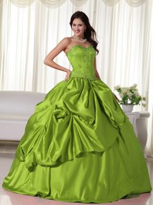 Sweetheart Olive Green Quinceanera Gown with Pick-ups and Embroidery in Taffeta