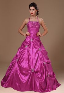 Halter-top Princess Sweet Sixteen Dresses with Pick-ups and Beadings in Fuchsia