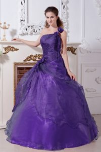 Purple A-line One Shoulder Dress for Quince with Hand Made Flowers and Beads