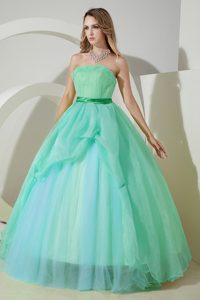 Strapless Organza Sweet Sixteen Quinceanera Dress in Aqua Blue with Green Sash
