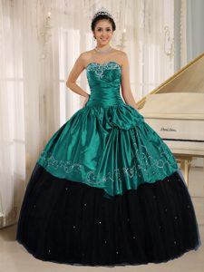 Beaded and Ruched Dress for Quinceanera with Embroidery in Black and Turquoise