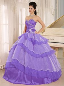 2013 Purple Sweetheart Beaded Dress for Quince with Ruches and Ruffled Layers