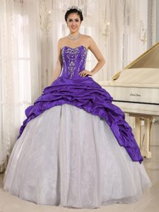 Luxurious Purple and White Quince Gown Dresses with Pick-ups and Embroidery