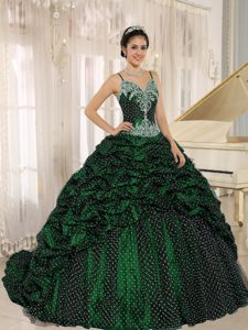 Straps Appliqued Sweet Sixteen Dresses with Pick-ups in Dark Green and White