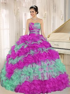 Sweetheart Ruched Quince Dress in Spring Green and Fuchsia with Ruffled Layers