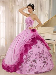 Pink and Fuchsia Ruffed Sweet 16 Dress with Embroidery and Hand Made Flower