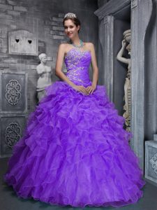 Sweetheart Taffeta and Organza Quince Dresses with Beads and Appliques in Purple