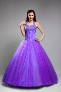 Halter-top Floor-length Sweet Sixteen Dress with Beadings in Purple on Promotion