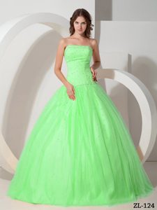 Modest Strapless Tulle Beading Sweet Sixteen Quinceanera Dresses in Green