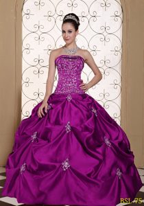 Vintage Embroidery and Appliques Strapless Purple Quince Dress with Pick-ups